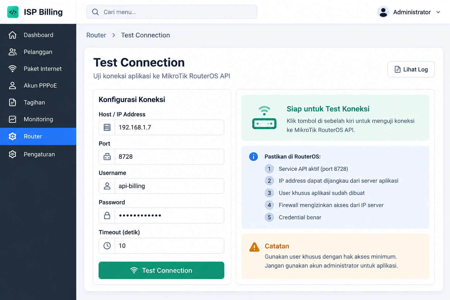 Preview test connection Laravel ke MikroTik RouterOS API