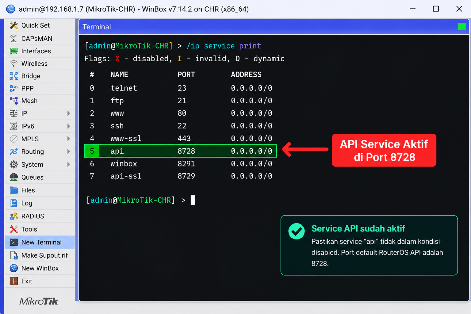 Ilustrasi RouterOS API service aktif pada MikroTik CHR