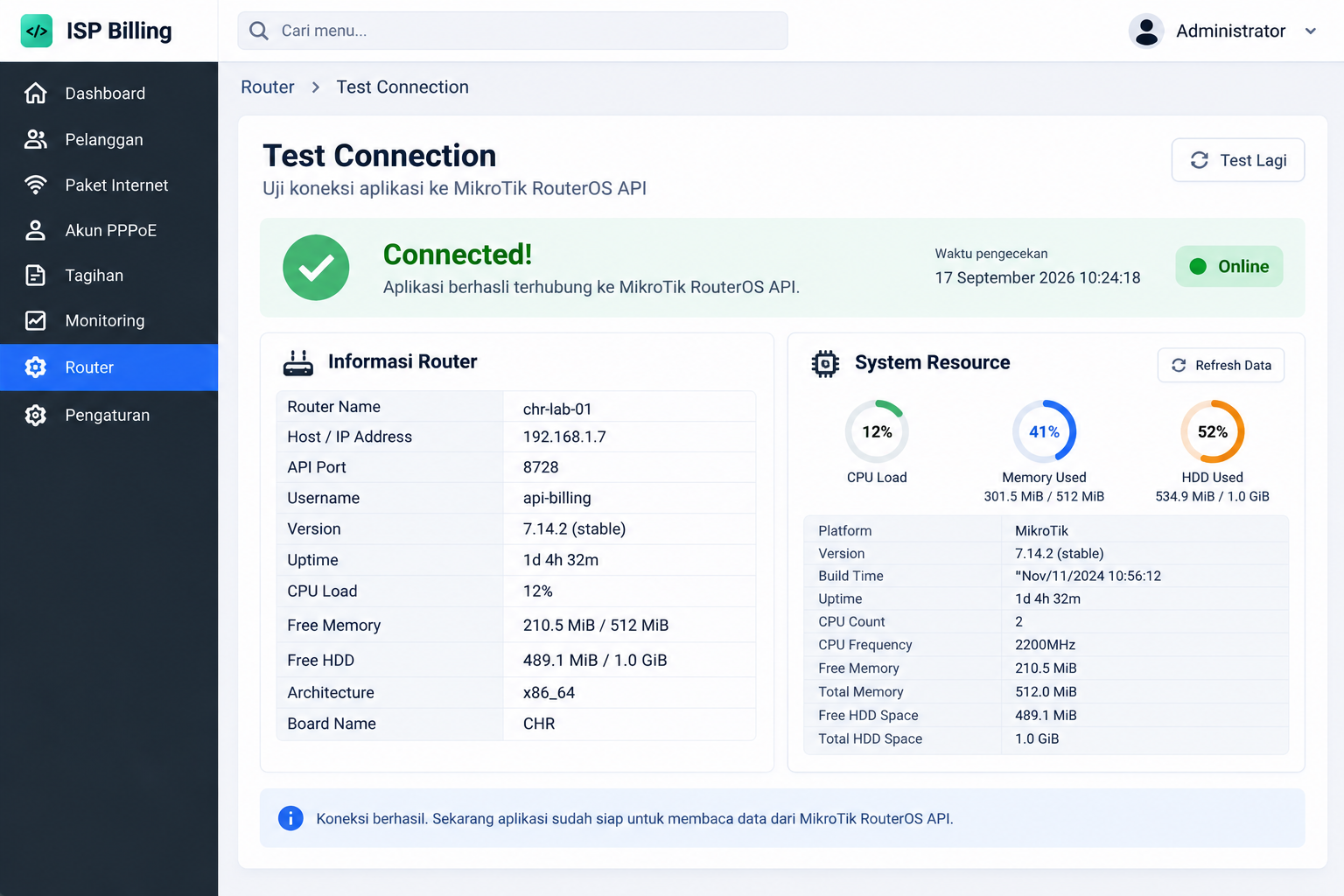 Preview Laravel berhasil terhubung dengan MikroTik RouterOS