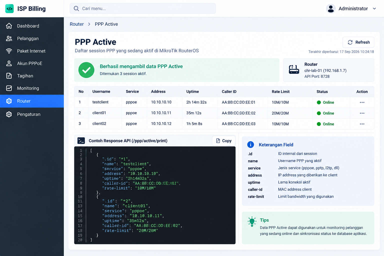 Preview PPP Active MikroTik yang dibaca aplikasi Laravel