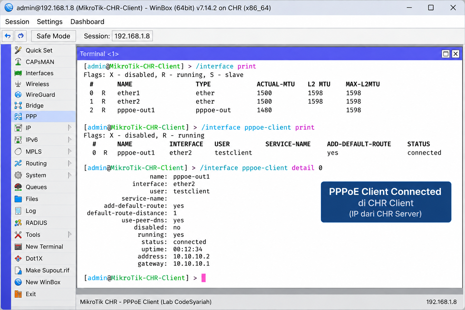 MikroTik CHR Server berjalan di VirtualBox