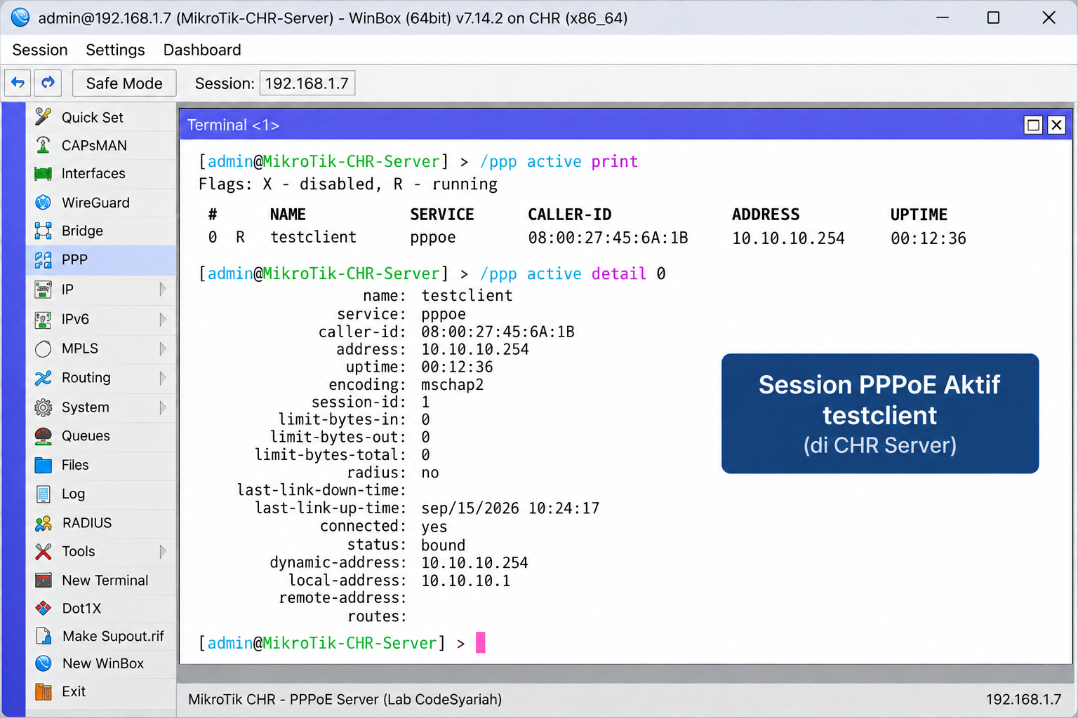 PPP Active menampilkan testclient pada MikroTik CHR Server