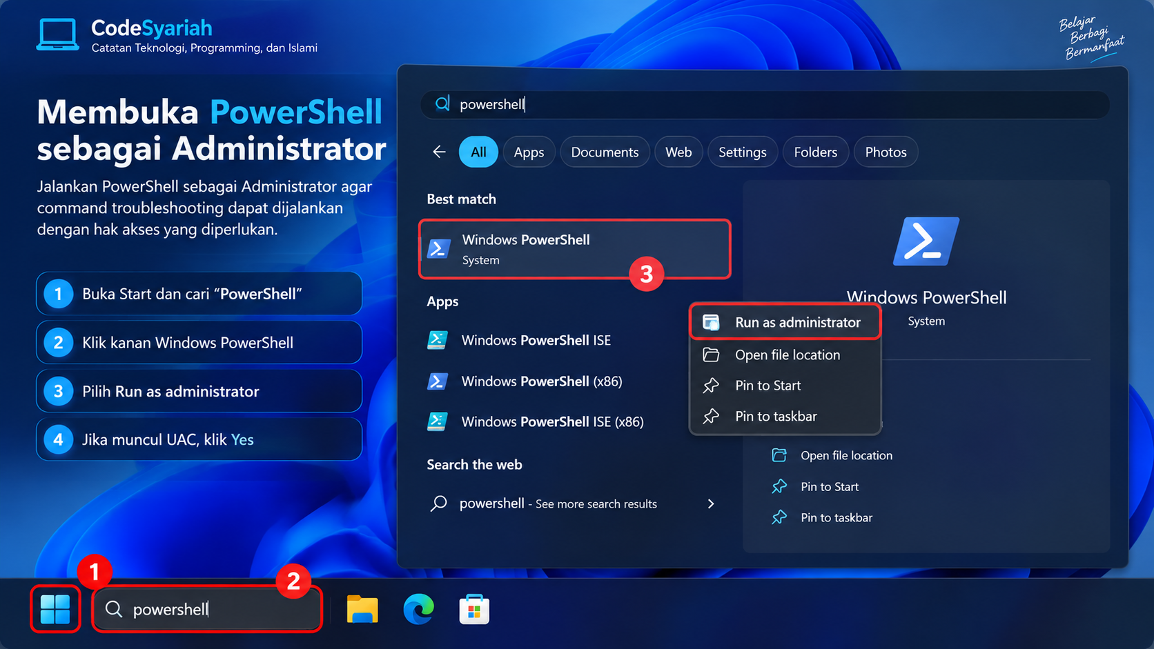 Membuka Windows PowerShell sebagai Administrator